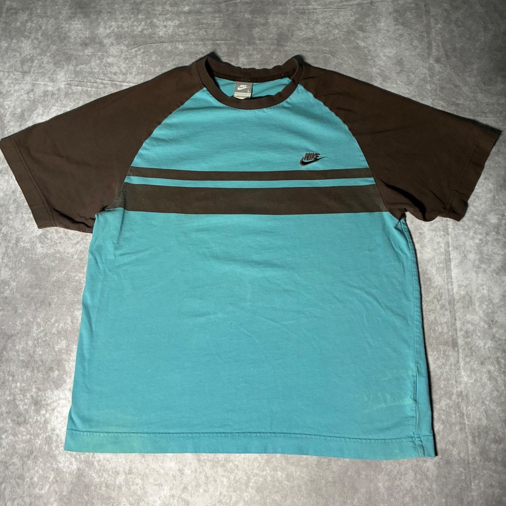 Vintage Nike Raglan T-Shirt Mens Large Teal Brown Striped Embroidered Logo Y2K